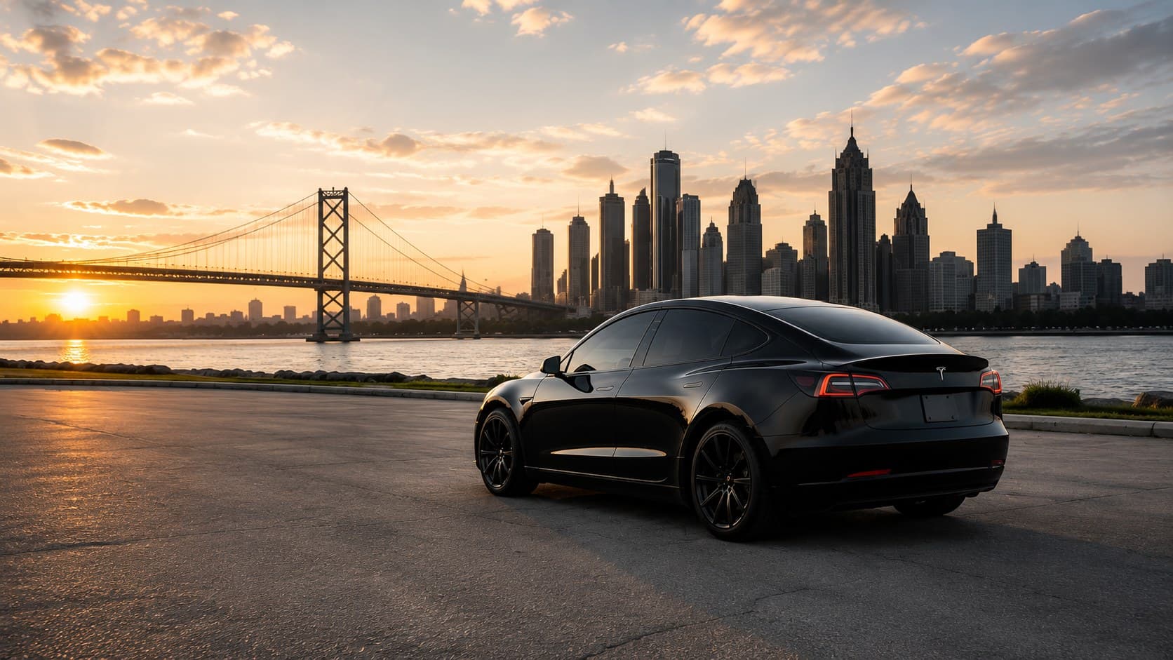 Black sedan with freshly tinted windows in front of the Windsor–Detroit skyline